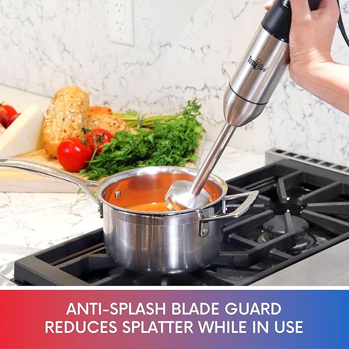 Total Chef Immersion Blender - Electric Handheld Stick Mixer with Stainless Steel Shaft, Variable Speed for Smoothies, Soups, Milkshakes, Baby Food, Puree, Batidora de Inmersión