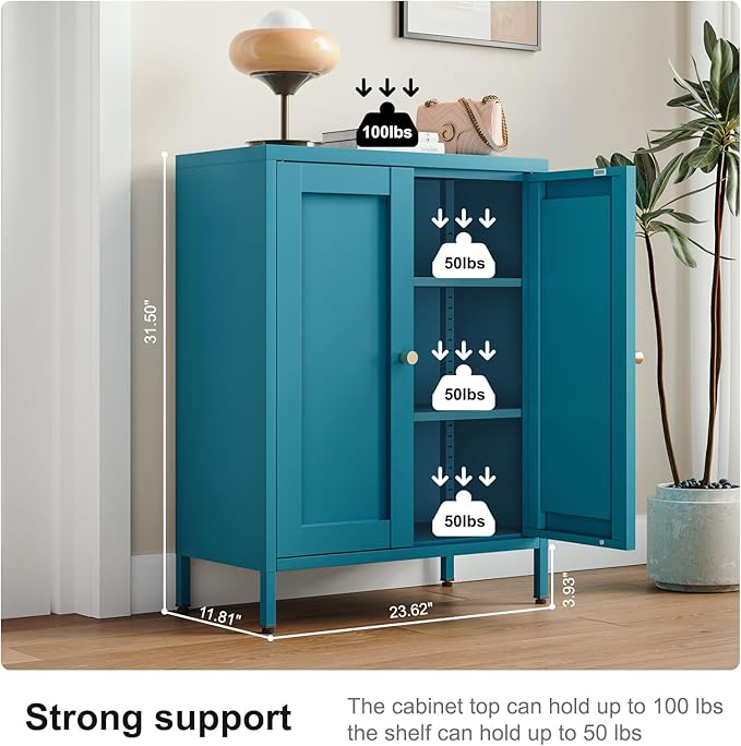 Bathroom Floor Storage Cabinet,Metal Storage Sideboard with 2 Doors and 2 Adjustable Shelves,Modern Small Storage Cabinets, Blue Metal Locker for Entryway,Living Room,Hallway