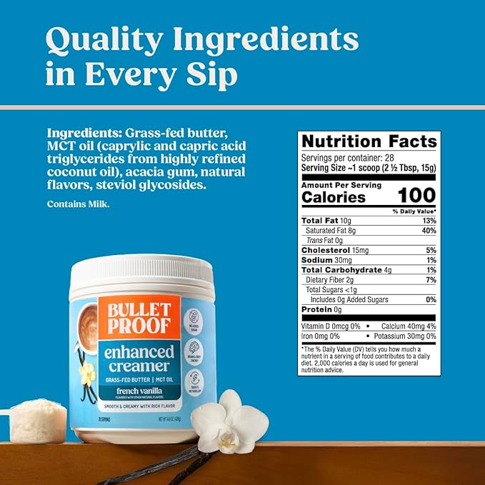 Bulletproof French Vanilla Creamer, 14.8 Ounces, Keto Coffee Creamer with MCT Oil and Grass-Fed Butter
