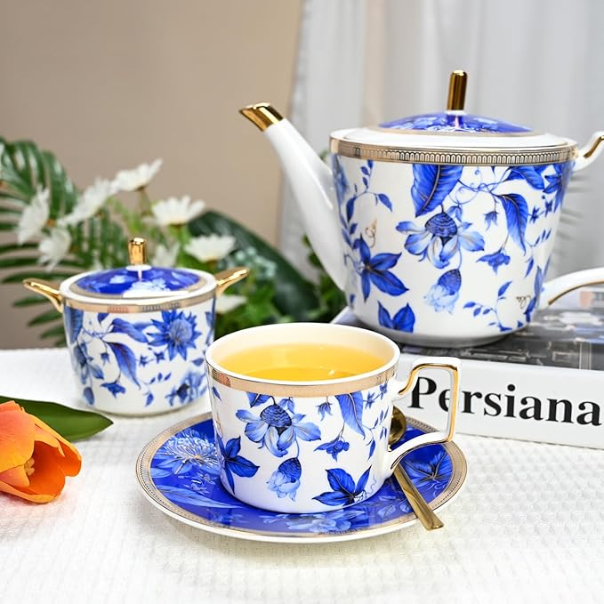Bone China Tea Cup and Saucer Set, Bone China Coffee Cups and Saucers, Vintage Blue and White TeaCups snd Saucers Gift for Mom Friend Tea Party (dark blue)