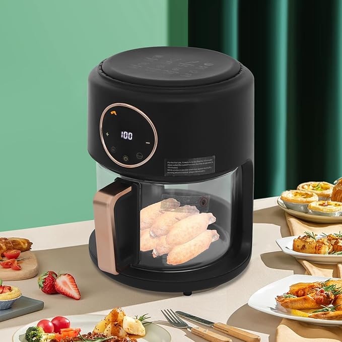 1200W Glass Air Fryer, 360° Viewable Airy Fryer, Small Glass Air Fryer 8 Preset Modes, Transparent Fry Bowl for Best Cooking Results, Cook Shrimp, Steak, Fries, Wings
