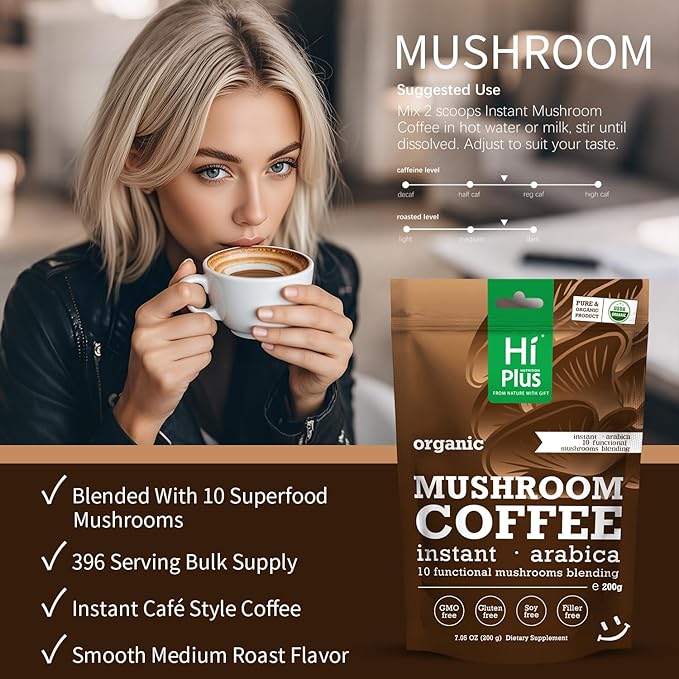 Organic 10-in-1 Mushroom Coffee Powder with Lion’s Mane & Reishi, Instant Arabica Blend for Smooth Energy, Focus & Immune Support, Low-Acid, 80 Servings