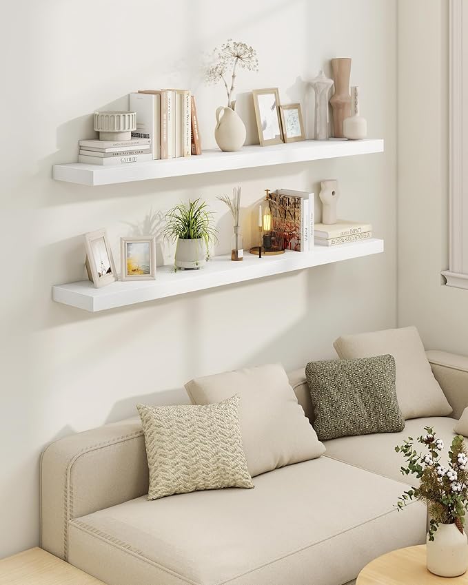 Marsmiles 32" Floating Shelves for Wall, Wooden Shelves with Invisible Brackets Set of 2, Rustic Farmhouse Wall Mounted Shelf for Kitchen Bathroom Living Room Study, White