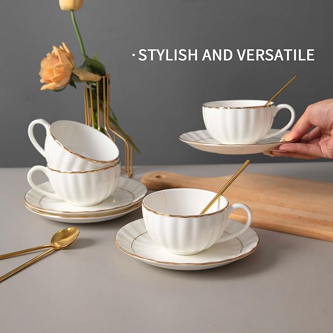 Bone China Tea Cups and Saucers Set (6 oz, Set of 4) – White Luxury Fine Porcelain Mugs for Tea, Coffee, Latte Art, Barista Use, Elegant Gifting
