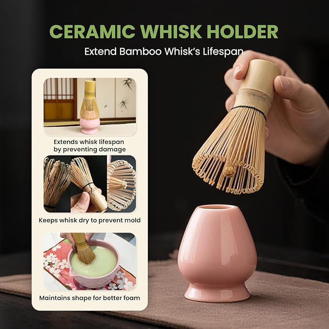 Matcha Whisk Set, Pink Matcha Kit (9 Pcs) Includes Bowl, Whisk, Holder, Scoop, Sifter, Spoon, Rest, Mat, Book - Exclusive Patented Ceramic Matcha Set for Matcha Lovers