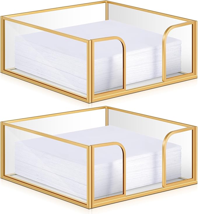 LemonRoad 2 Pcs Square Gold Napkin Holder for Table 5.7 x 5.7 Inch Decorative Cocktail Napkin Holder Glass Flat Paper Basket for Kitchen Dining Buffet Bar Counter Wedding Party Restaurant Bar Hotel