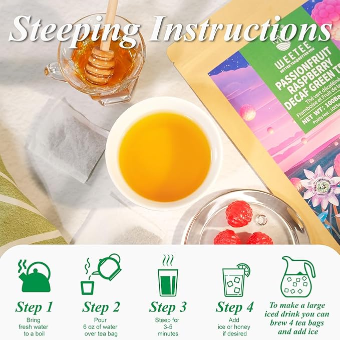 WT WEETEE Decaf Passionfruit Raspberry Green Tea, 100 Count Passion Fruit Raspberry Flavored Decaffeinated Green Tea Bags, CO2 Decaffeination