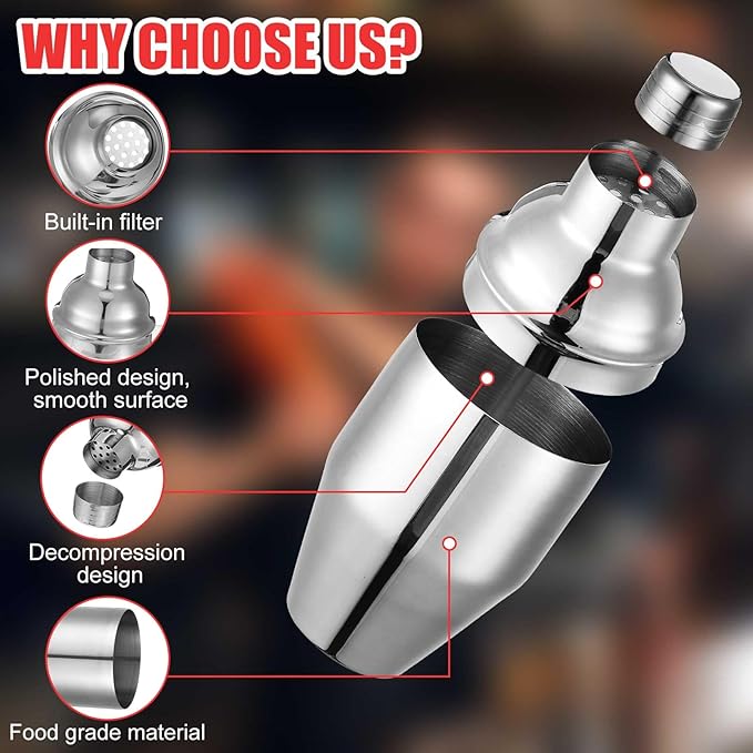 Nitial 9 Pcs Bar Cocktail Shaker Professional Stainless Steel Martini Drink Mixer Built-in Strainer for Bartending No Leaks Boston Shaker for Bar Party Drink Tool(Silver,8 oz)