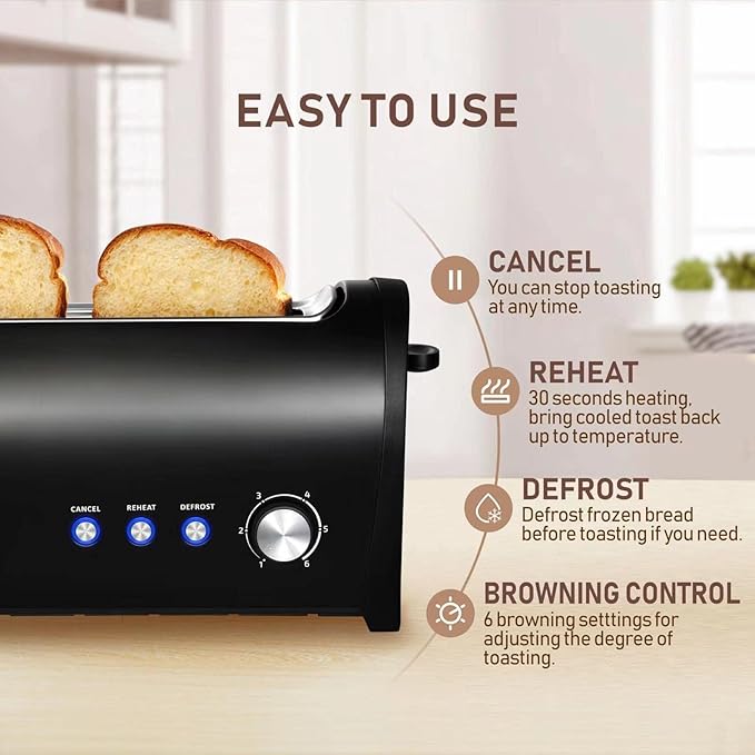 Long Slot Toaster 2 Slice,Cancel Reheat Defrost Functions,Removable Crumb Tray,6 Browning Settings,Extra Wide Long Slots,Stainless Steel,Black
