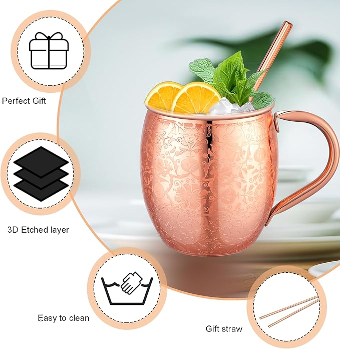 Moscow Mule MugsSet of 2-18 Oz Copper-Plated Fine Craftsmanship Etched Mugs,304 Stainless Steel-Lined Mule Cups,For Cold Drinks, Beer, Wine, Bars, Parties