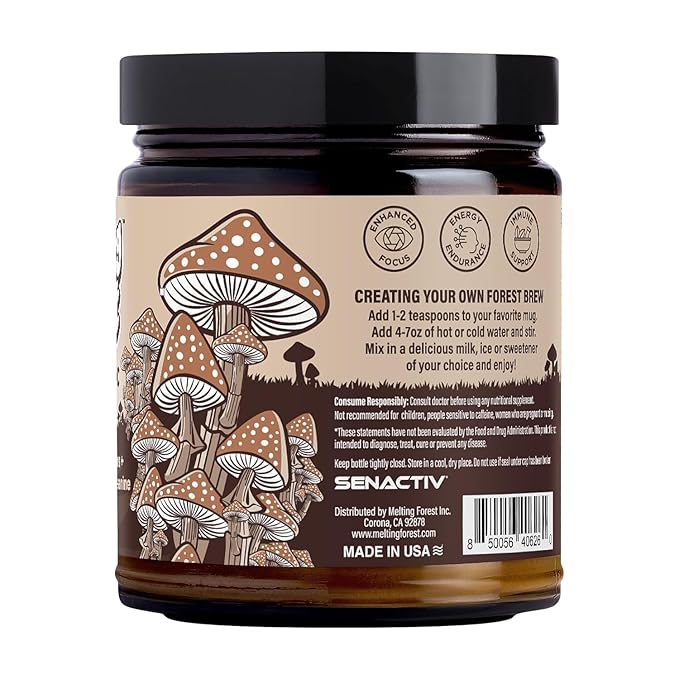 Melting Forest Mushroom Coffee, with 7 Functional Mushrooms, Cacao, Rhodiola, L-Theanine, Reishi & Lion's Mane, Stress Relieving, Focus, Cognitive Function & Mental Clarity (30 Servings)