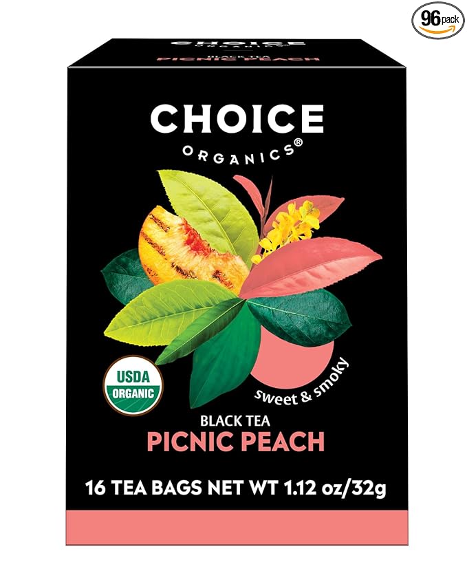 Choice Organics - Organic Picnic Peach Tea (6 Pack) - Rainforest Alliance - Contains Caffeine - 96 Organic Black Tea Bags