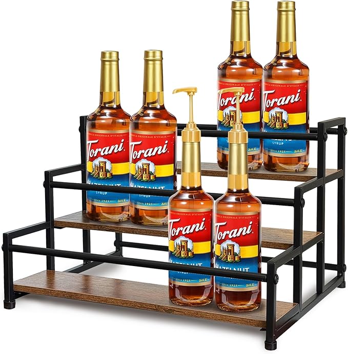 Klxuyuo 3-Tier Coffee Syrup Rack for 15 Bottles (750ml) –Sturdy Coffee Syrup Organizer for Bar, Kitchen, Café, Office