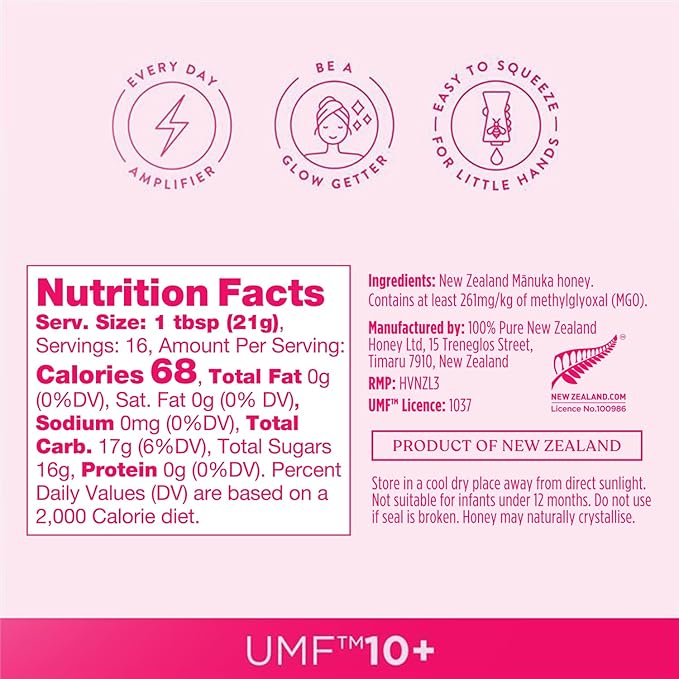 Manuka Honey New Zealand 100% Pure UMF 10+ MGO 261+ Squeezy Honey Raw & Unfiltered Certified Award Winning Silky Smooth Taste & Texture 12 Oz