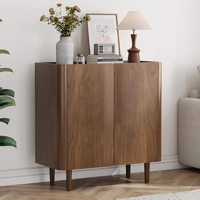 Buffet Cabinet with Storage, Storage Cabinet with Curved Edge, Accent Sideboard Buffet with Solid Wood Feet, for Hallway, Entryway, Living Room, Walnut