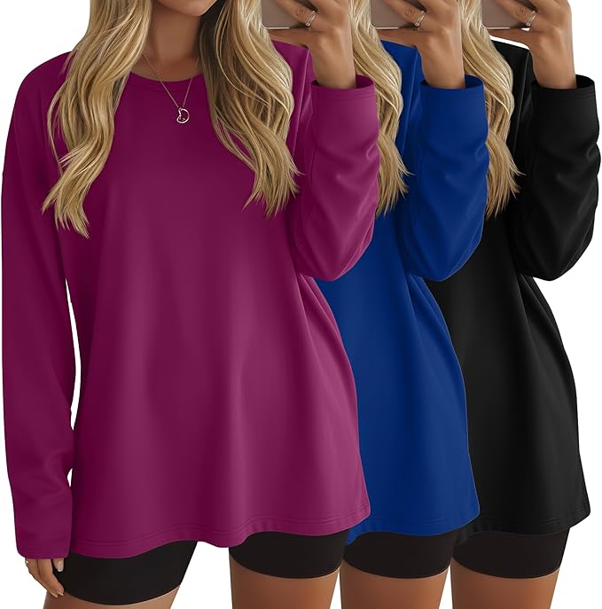 Ficerd 3 Pack Women's Oversized Long Sleeve Shirts Cotton Gym Round Neck Tops Loose Fit Casual Workout Baggy Fall Basic Tee