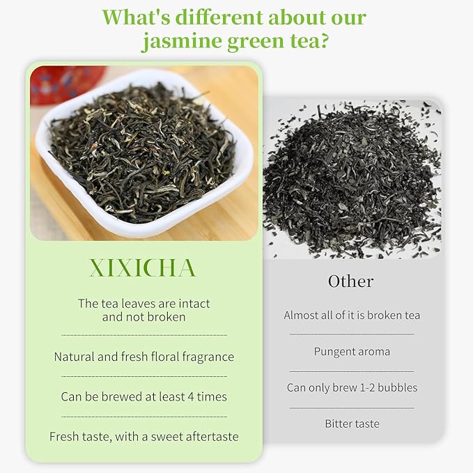 XIXICHA Jasmine Tea New Chinese Jasmine Green Tea Loose Leaf Chinese Tea Natural Aroma Seven Times Scenting 150g/5.3oz 茉莉花茶 茶叶 绿茶