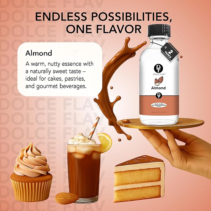 Dolce Flav Natural Almond Extract – 8 Ounce Water-Soluble Kosher, Sugar-Free, Concentrated Pure Almond Flavoring for Baking, Pastries & Beverages, Includes Measured Dropper