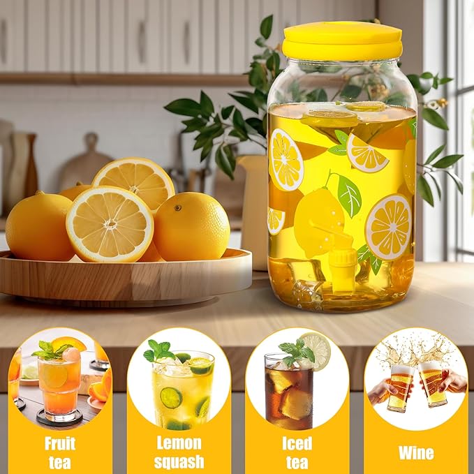 Havawish 2 Pcs 1 Gallon Plastic Beverage Dispenser with Spigot Clear Summer Kitchen Fridge Drink Dispenser for Parties Lemonade Juice Tea Beer Cold Water(Yellow,Circular Column)