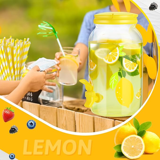 Havawish 2 Pcs 1 Gallon Plastic Beverage Dispenser with Spigot Clear Summer Kitchen Fridge Drink Dispenser for Parties Lemonade Juice Tea Beer Cold Water(Yellow,Circular Column)
