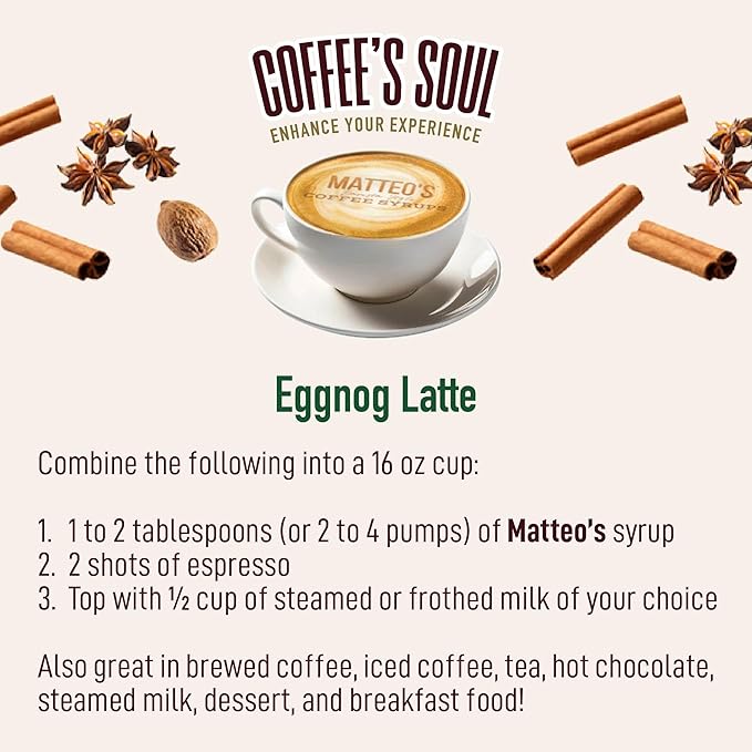 Matteo's Eggnog Syrup for Coffee, Lattes, Cappuccinos & Desserts – Sugar-Free Sweetener for Beverages, Keto Friendly, Zero Calories, Indulgent Flavor, Non-Alcoholic, Ideal for Hot Drinks 33.8oz (1pk)