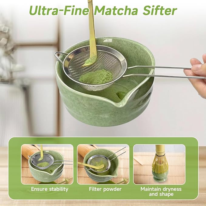 6 Pcs Matcha Whisk Set, Matcha Set Includes Matcha Bowl with Spout, Whisk, Holder, Sifter, Bamboo Scoop and Scoop Rest, Ceramic Matcha Kit for Matcha Lovers