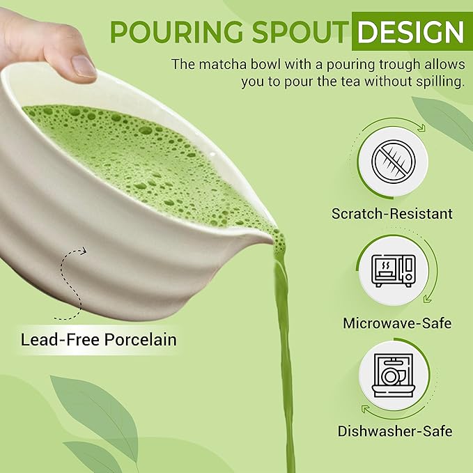 Matcha Whisk Set with Matcha Bowl - Matcha Set Included Electric Frother, Bamboo Whisk, Matcha Spoon, Bamboo Holder, Sifter, Spoon Stand (Wavy White)