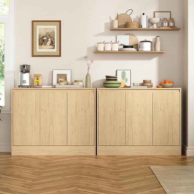Buffet Cabinet with Storage, Coffee Bar Cabinet with 3 Doors and Adjustable Shelf, Modern Kitchen Buffet Sideboard for Living Room, Kitchen, Natural