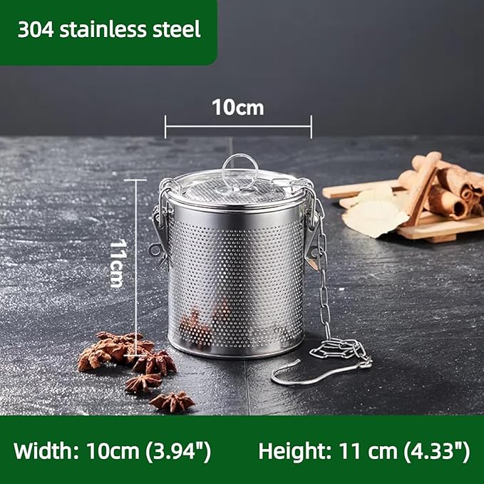 Stainless steel cylindrical seasoning filter, Multi purpose spice filter, Mesh Design Tea Ball Strainer Soup Seasonings Seperation Basket Filter with Chain Hook for Home Restaurant (10*11 CM/0.863L)