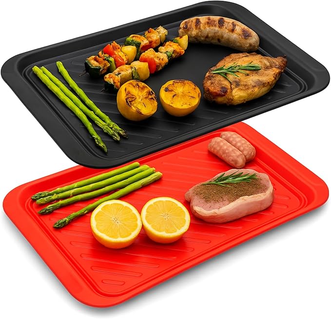 TP Grilling Prep and Serve Trays, 17" BBQ Tray for Meat Marinating and Food Plating, Melamine Serving Platters Set of 2 Grilling Accessories, Black and Red
