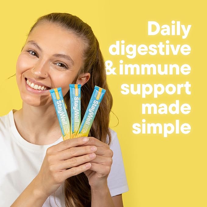DAILYNOURI StayWell Digestive & Immunity Drink Mix | Supports Gut Health, Digestion, Immunity & Energy | Probiotics, Prebiotics, Colostrum & Daily Vitamins | 30 Stick Packs