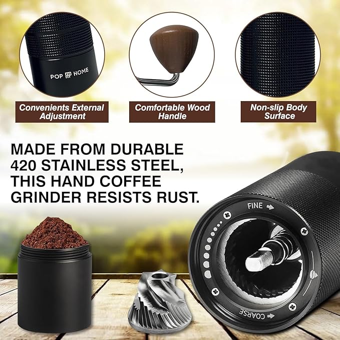 Manual Coffee Grinder - Stainless Steel Conical Burr Hand Mill for Espresso & French Press - Adjustable & Portable