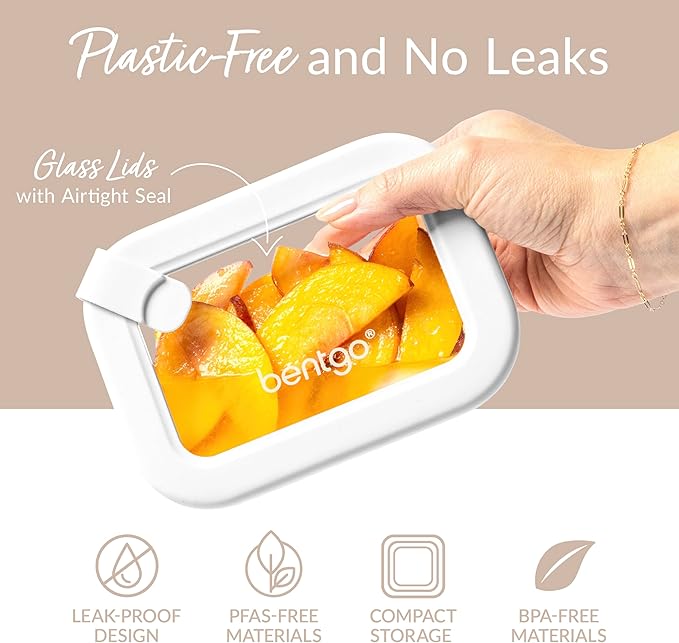 Bentgo Signature Leak-Proof Glass Food Storage - 8-Piece Set, 1-Compartment Plastic-Free Containers with Airtight Glass Lids, BPA-Free, Microwave, Freezer, Oven & Dishwasher Safe (White Stone)