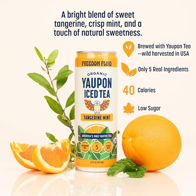 Freedom Fluid Organic Yaupon Iced Tea – Tangerine Mint | Herbal Tea Drink | Lightly Sweetened, Low Sugar, Low Calories, Real Brewed Tea, Clean Ingredients, Antioxidant Rich, Natural Caffeine, 12 Pack (12 oz cans)