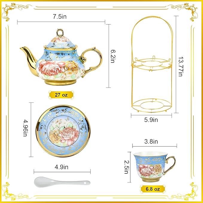 20 Pieces Porcelain Tea Set With Metal Holder, European Ceramic tea set for adults,Flower Tea Set,Tea Set For Women With Flower Painting