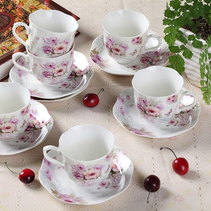 GuangYang 7 oz Porcelain Tea Cups and Saucers set of 6,Purple Fancy Floral Pattern (Perfect for Cappuccino, Flat white Coffee, Americano, Hot Tea, or Desserts)