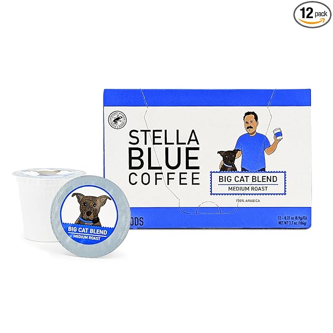Stella Blue Coffee Pods, Big Cat Blend, Medium Roast Caramel Hazelnut, Fruity Notes 100% Arabica Beans, Ethically Sourced from Central and South America, 12 Recyclable K Cup Compatible Pods