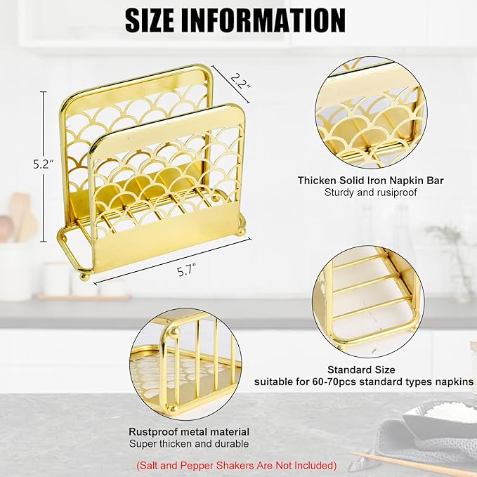 Napkin Holder for Table, Gold Napkin Holders for Paper Napkins & Kitchen Dining Tables & Countertops, Elegant Standing Kitchen Napkin Holder Dispenser Suitable for All Room Decors