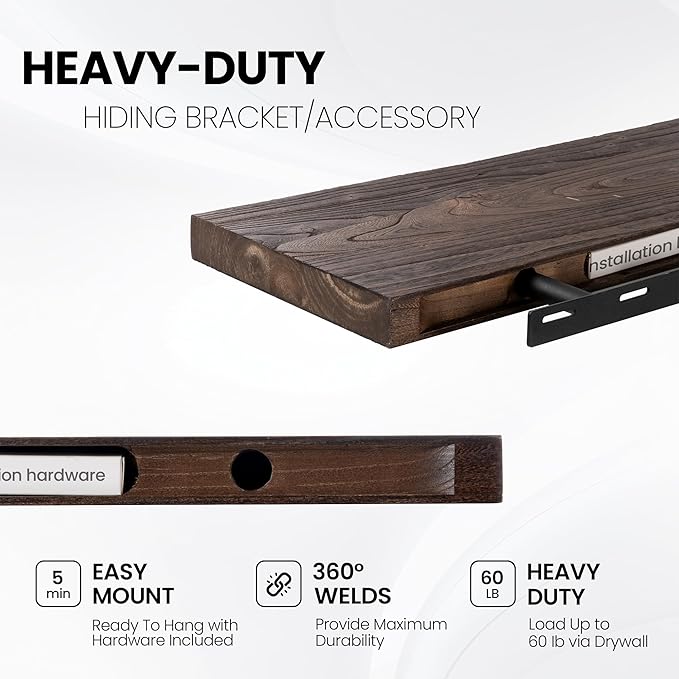 Fun Memories Floating Shelves for Wall Decor, Rustic Solid Elm Wood Live Edge Floating Shelves Wall Mounted, Heavy-Duty Shelf with Invisible Bracket for Living Room Kitchen, 55 Inch Set of 1, Walnut