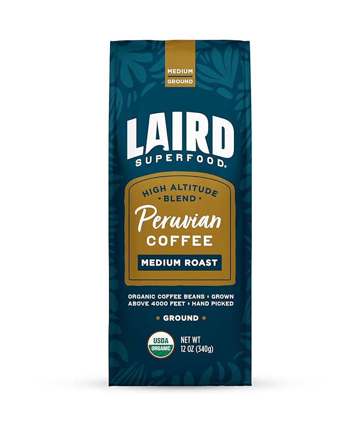 Laird Superfood Peruvian Medium Roast Caffeinated Ground, Ethically Sourced Premium Ground Coffee, Gluten-Free, Dairy-Free, Non-GMO, Paleo, Keto Friendly, 12 oz. Bag