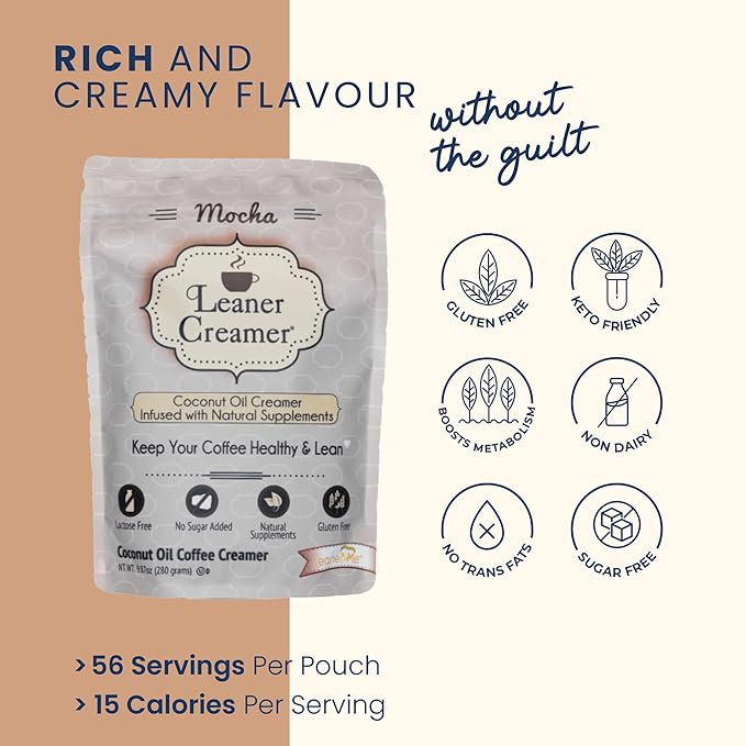 Leaner Creamer Natural Coconut Oil Based Lactose Free Gluten-Free and Sugar-Free Coffee Creamer Powder Infused with Supplements, Decadent Mocha (9.87oz Pouch)