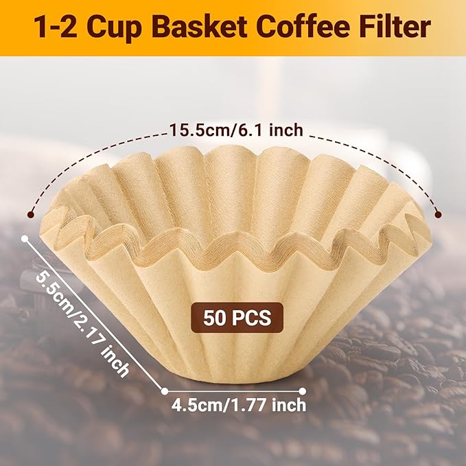 Segarty Unbleached Paper Disposable Coffee Filters, 50 Count Size 1-2 Cup Natural Basket Paper Pour Over Maker Basket Dripper for Home and Office, Small Coffee Bar Accessories for Most Brewer Machines