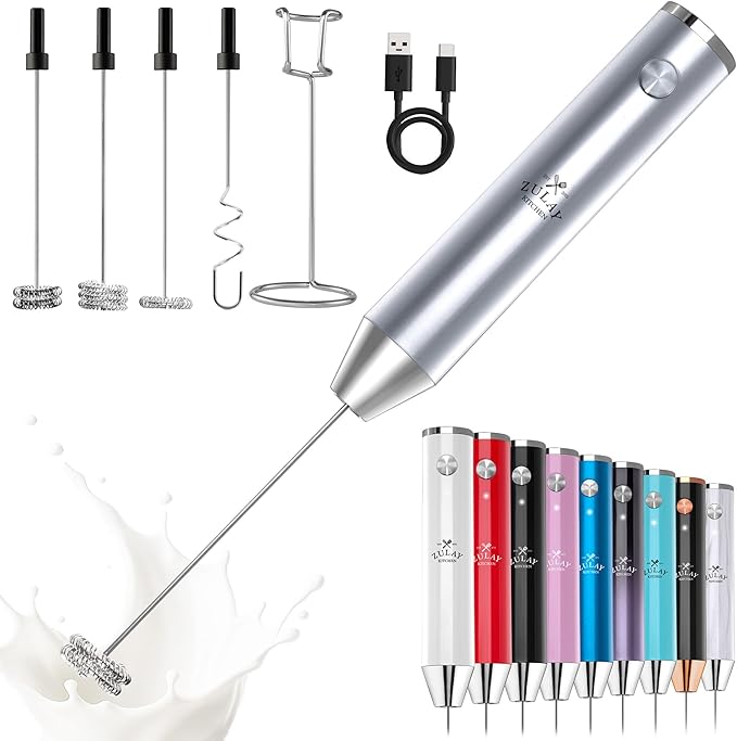 Zulay Kitchen Lux Electric Milk Frother Rechargeable Handheld - 4 Whisks, Powerful 2-Speed Motor, Waterproof, 2000mAh Battery - Drink Mixer for Latte, Cappuccino, Matcha & Protein Powder - Silver