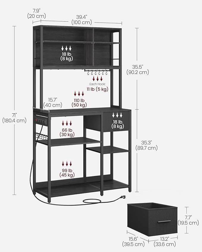 VASAGLE Bakers Rack with Charging Station, Coffee Bar, 15.7 x 39.4 x 71 Inches, Kitchen Microwave Stand, Adjustable Storage Shelves, Fabric Drawer, 12 Hooks, Charcoal Gray and Ink Black UKKS027B01