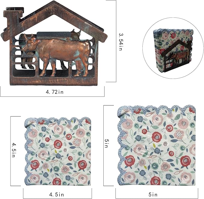 Farmhouse Napkin Holder for Table, Rustic Metal Cow Decorative Napkin Holder for Paper Napkins, Antique Paper Towel Napkin Dispenser, Vertical Napkin Table Decor for Home Kitchen Coffee Shop Bar