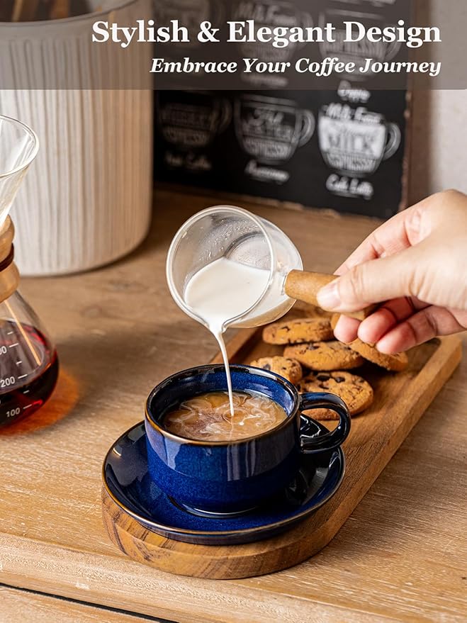 Gomakren 6 Ounce Cappuccino Cups with Saucers and Metal Stand, Stackable Coffee Cup Set of 4, Christmas Porcelain Espresso Cups for Coffee Drinks, Cappuccino, Latte, Americano, Tea, Cobalt Blue