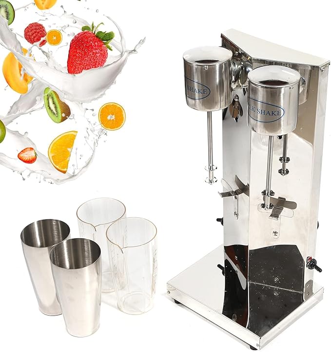 Electric Milk shaker 18000RMP Double Head Stand Mixer 180W 110V Commercial Stainless Steel Drink Mixer Machine 650ml Smoothie Malt Blender w/2Pcs PP Cup (Double Head)