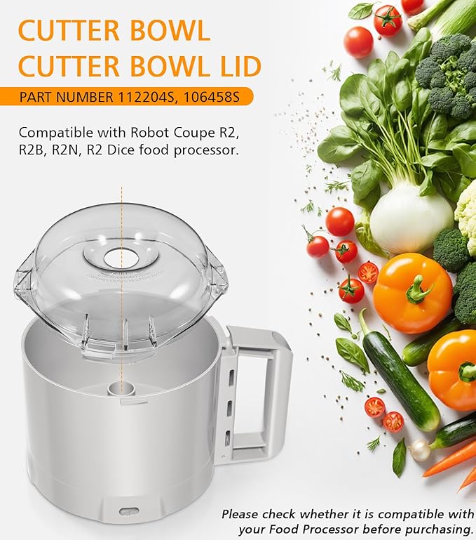 112204S Cutter Bowl & 106458S Cutter Bowl Lid Compatible with Robot Coupe R2, R2B, R2N, R2 Dice Food Processor, 3 Quart Bowl, Gray