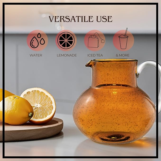 Artland Iris 90 Oz Handblown Glass Pitcher - Bubble Shape, Lead-Free - Versatile Drink Dispenser for Water, Juice, Cocktails - Enhanced Kitchen Decor, Dishwasher Safe (Amber)