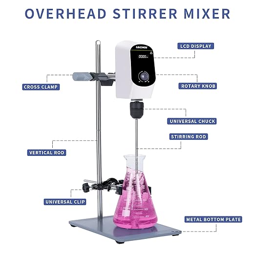 Electric Overhead Stirrer Mixer 100-2000RPM Max.40L(H₂O) LCD Display Digital Overhead Stirrer Mixer 20000mPas Powerful Lab Stirrers Mixer with Stirring Rod and Stand(Max.40L H₂O)